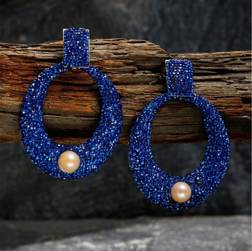 New Hematite Blue Haze Pearl Hoop Drop Earrings